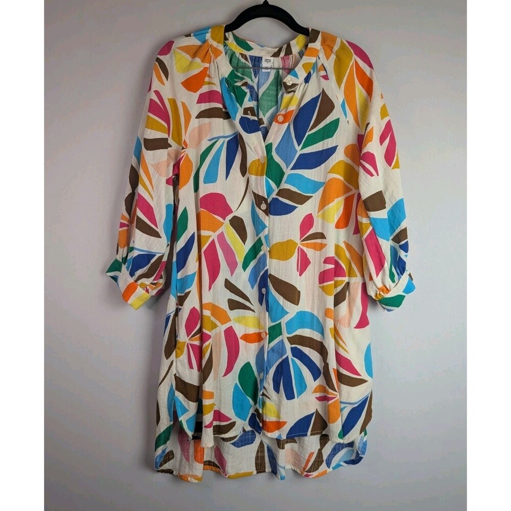 Tabitha Brown XS Tunic Colorful Print Button Down Long Sleeve Top Cover Blouse